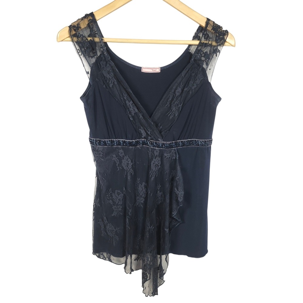 VTG Top Y2K Lace Overlay Sleeveless Womens Small Navy Blue Beaded Empire Waist
